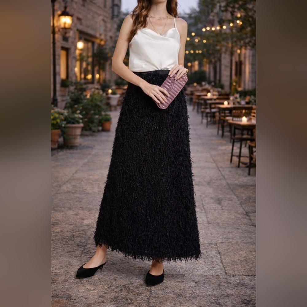 Anthropologie Chantal Feathered Black Maxi Skirt NWT Size L